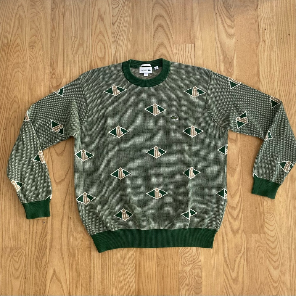 Lacoste Monogram Jacquard Logo Crewneck Sweater Green Paris Preppy Heritage XL - Picture 1 of 7
